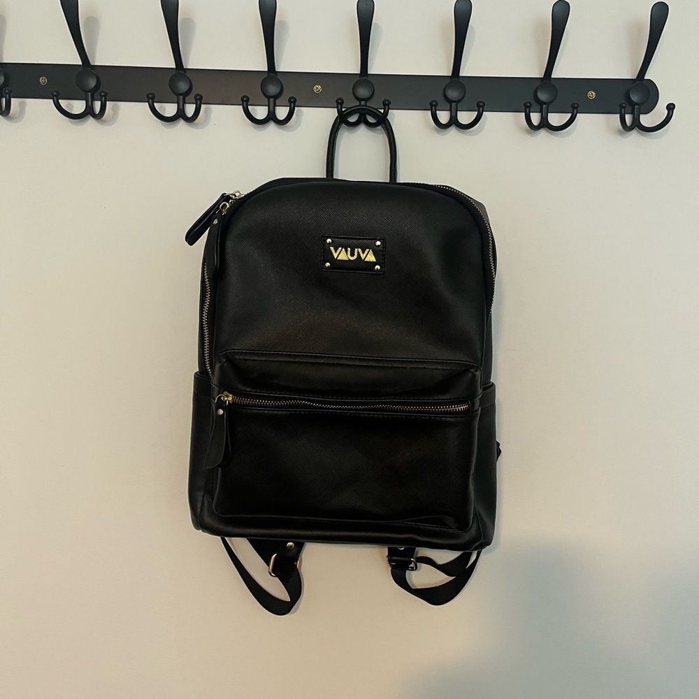 Faux Leather Black Backpack with Insulated Pouch